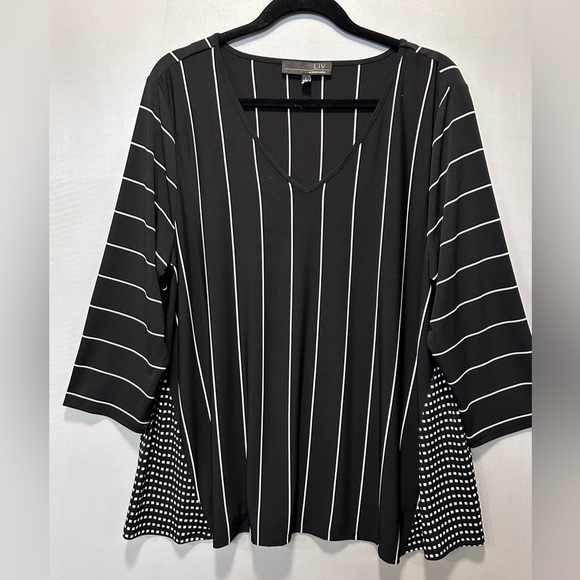 Habitat Tops - Habitat Black & White Striped V-Neck Knit Tunic Top Size L Artsy Modern Boho